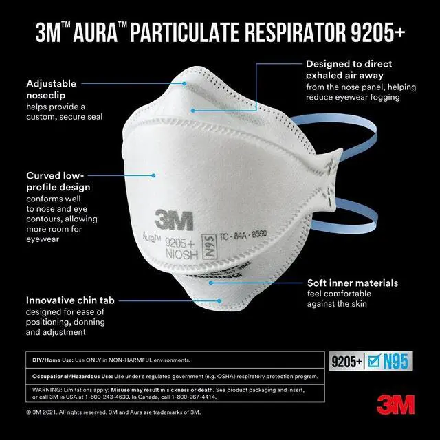 Alt view image 3 of 7 - Aura Particulate Respirator 9205+ N95, Lightweight, Three Panel Designed Respirator Helps Provide Comfortable And Convenient Respiratory Protection, 3-Pack