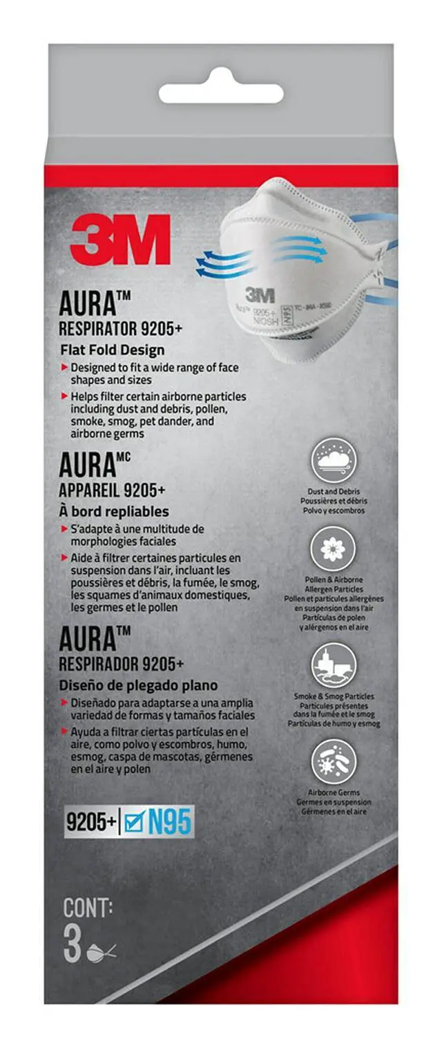 Alt view image 2 of 7 - Aura Particulate Respirator 9205+ N95, Lightweight, Three Panel Designed Respirator Helps Provide Comfortable And Convenient Respiratory Protection, 3-Pack