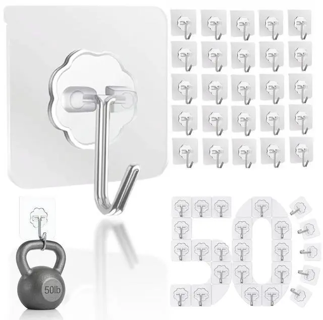 Main image of Hooks for Hanging, 50 Pack Wall Hooks 50lb(Max) Transparent Reusable Waterproof Adhesive Hook for Kitchen Curtain, Towel Hook for Bathrooms, Heavy Duty Self Coat Hook for Walls No Damage