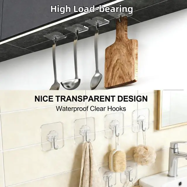 Alt view image 2 of 7 - Hooks for Hanging, 50 Pack Wall Hooks 50lb(Max) Transparent Reusable Waterproof Adhesive Hook for Kitchen Curtain, Towel Hook for Bathrooms, Heavy Duty Self Coat Hook for Walls No Damage