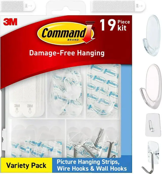 Main image of Clear Variety Pack, Including 8 Pairs of Picture Hangers, 4 Clear Wire Hooks and 11 Wall Hook for Hanging Back to School Dorm Organizers, Damage-Free Hanging Up to 19 Items