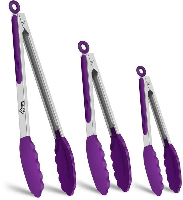 Main image of Premium Stainless Steel Locking Kitchen Tongs with Silicon Tips, Set of 3-7", 9" and 12" (Purple)