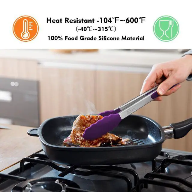 Alt view image 2 of 7 - Premium Stainless Steel Locking Kitchen Tongs with Silicon Tips, Set of 3-7", 9" and 12" (Purple)