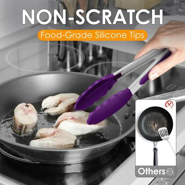 Alt view image 3 of 7 - Premium Stainless Steel Locking Kitchen Tongs with Silicon Tips, Set of 3-7", 9" and 12" (Purple)