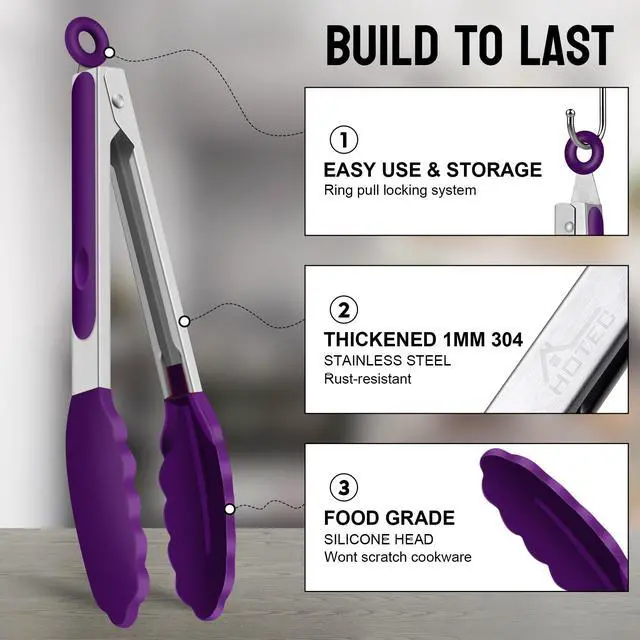 Alt view image 5 of 7 - Premium Stainless Steel Locking Kitchen Tongs with Silicon Tips, Set of 3-7", 9" and 12" (Purple)