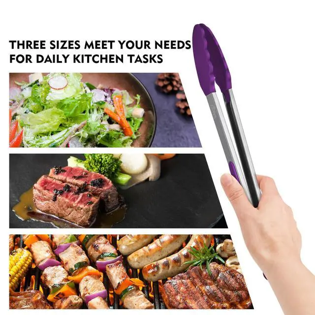 Alt view image 6 of 7 - Premium Stainless Steel Locking Kitchen Tongs with Silicon Tips, Set of 3-7", 9" and 12" (Purple)