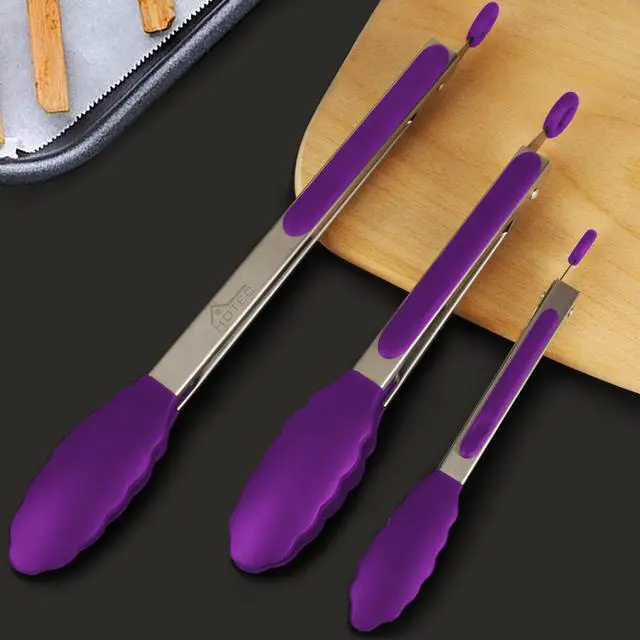 Alt view image 7 of 7 - Premium Stainless Steel Locking Kitchen Tongs with Silicon Tips, Set of 3-7", 9" and 12" (Purple)
