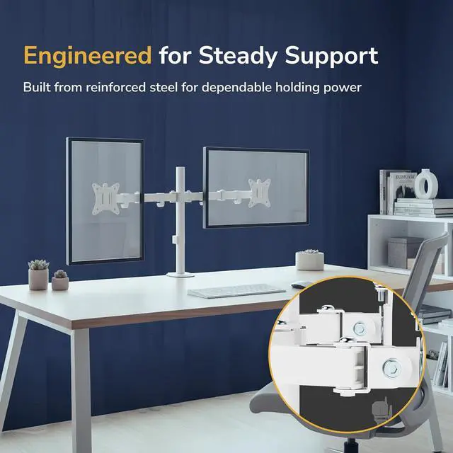 Alt view image 7 of 7 - Dual Monitor Mount for Desk, Adjustable Tilt Swivel on Double Monitor Mounts for Screens up to 32, Dual Monitor Arms for 2 Monitors, VESA 75x75 and 100x100 C-clamp & Grommet in White