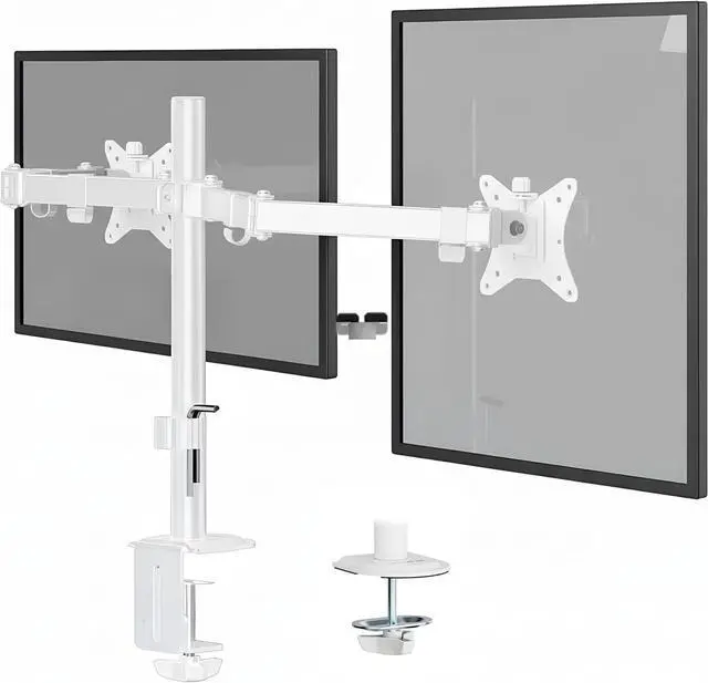 Main image of Dual Monitor Mount for Desk, Adjustable Tilt Swivel on Double Monitor Mounts for Screens up to 32, Dual Monitor Arms for 2 Monitors, VESA 75x75 and 100x100 C-clamp & Grommet in White