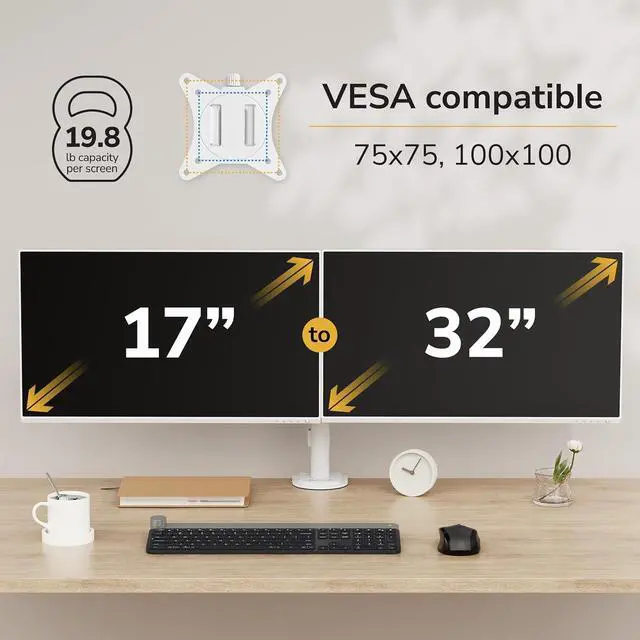 Alt view image 2 of 7 - Dual Monitor Mount for Desk, Adjustable Tilt Swivel on Double Monitor Mounts for Screens up to 32, Dual Monitor Arms for 2 Monitors, VESA 75x75 and 100x100 C-clamp & Grommet in White