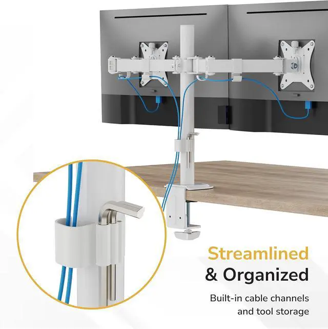 Alt view image 3 of 7 - Dual Monitor Mount for Desk, Adjustable Tilt Swivel on Double Monitor Mounts for Screens up to 32, Dual Monitor Arms for 2 Monitors, VESA 75x75 and 100x100 C-clamp & Grommet in White