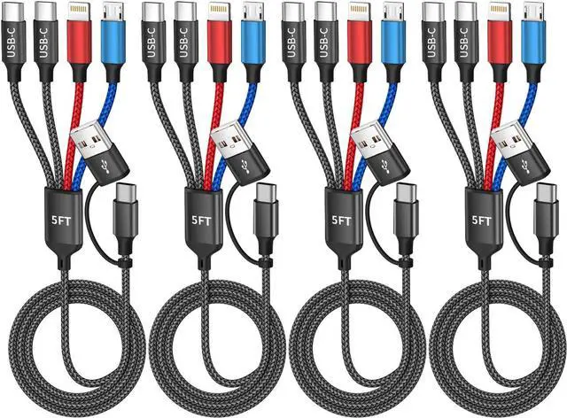 Main image of Travel Cruise Essentials 2026 4 in 2 Charging Cable with Dual Type-C Port, USBA/C Multi Charging Cable Cords, Multiple iPhone Charger Cord for iPhone17-8, Android, iPad, Car Accessories (4Packs 5FT)