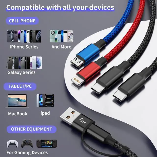 Alt view image 5 of 6 - Travel Cruise Essentials 2026 4 in 2 Charging Cable with Dual Type-C Port, USBA/C Multi Charging Cable Cords, Multiple iPhone Charger Cord for iPhone17-8, Android, iPad, Car Accessories (4Packs 5FT)