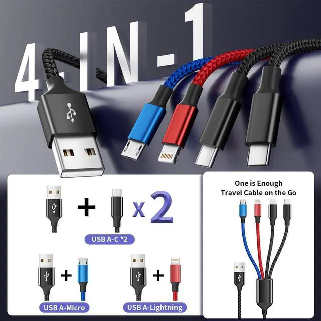 Alt view image 3 of 5 - MPATIBY Dual Type-C 4 in 1 Multi Charging Cable for Multiple Devices with 2 USB-C/Lightning/Micro Port, USB Cable iPhone Charger Cord, Travel Charger for iPhone17-8, Android iPad and More- 3Packs 5FT