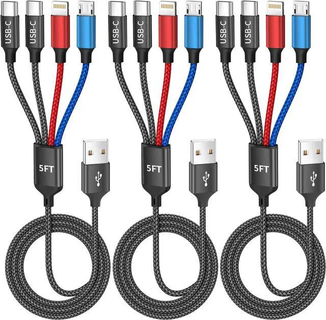 Main image of MPATIBY Dual Type-C 4 in 1 Multi Charging Cable for Multiple Devices with 2 USB-C/Lightning/Micro Port, USB Cable iPhone Charger Cord, Travel Charger for iPhone17-8, Android iPad and More- 3Packs 5FT