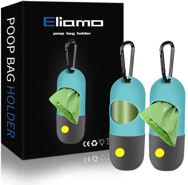 Main image of 2 Pack Dog Poop Bag Dispenser with Built-in LED Flashlight, Pet Waste Bag Holder for Leash with Carabiner Clip for Lead Leash, 2 Rolls Leak-proof Doggy Waste Bags for Dog Walking, Blue,Eliamo