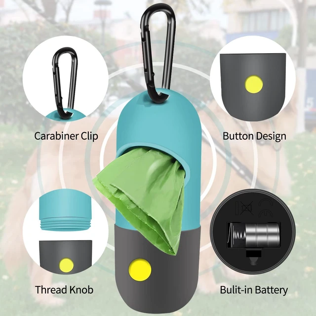 Alt view image 3 of 6 - 2 Pack Dog Poop Bag Dispenser with Built-in LED Flashlight, Pet Waste Bag Holder for Leash with Carabiner Clip for Lead Leash, 2 Rolls Leak-proof Doggy Waste Bags for Dog Walking, Blue,Eliamo