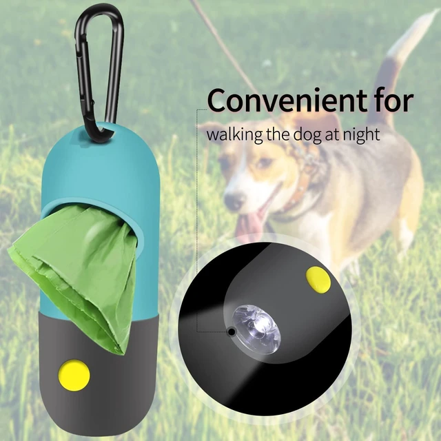 Alt view image 4 of 6 - 2 Pack Dog Poop Bag Dispenser with Built-in LED Flashlight, Pet Waste Bag Holder for Leash with Carabiner Clip for Lead Leash, 2 Rolls Leak-proof Doggy Waste Bags for Dog Walking, Blue,Eliamo