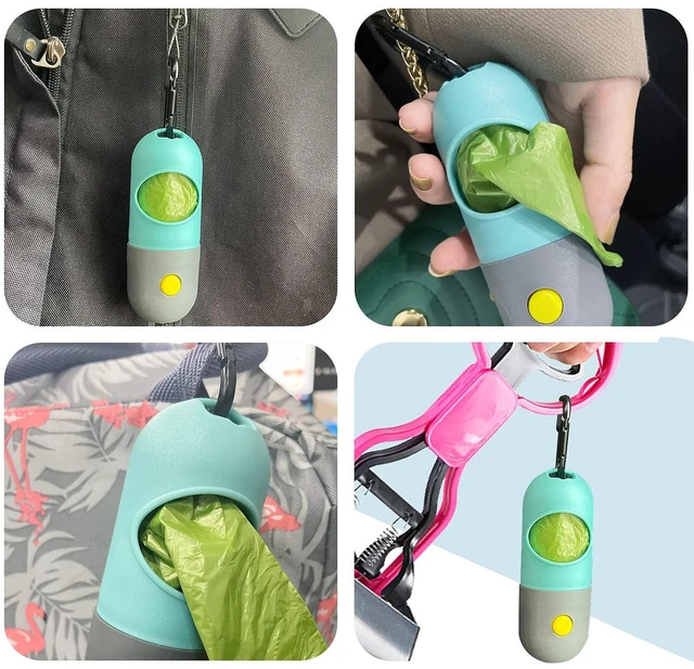 Alt view image 5 of 6 - 2 Pack Dog Poop Bag Dispenser with Built-in LED Flashlight, Pet Waste Bag Holder for Leash with Carabiner Clip for Lead Leash, 2 Rolls Leak-proof Doggy Waste Bags for Dog Walking, Blue,Eliamo