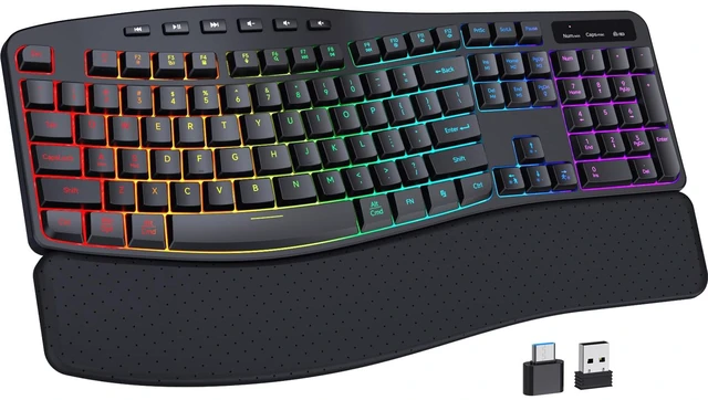 Main image of COLIKES Wireless Ergonomic Keyboard, Backlit Keyboard Silent with 15 RGB Lighting Effects, Leather Wrist Rest, 2500mAh Rechargeable, Multimedia Keys, Wave Keyboard for PC Computer Laptop Windows Mac