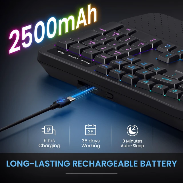 Alt view image 6 of 7 - COLIKES Wireless Ergonomic Keyboard, Backlit Keyboard Silent with 15 RGB Lighting Effects, Leather Wrist Rest, 2500mAh Rechargeable, Multimedia Keys, Wave Keyboard for PC Computer Laptop Windows Mac