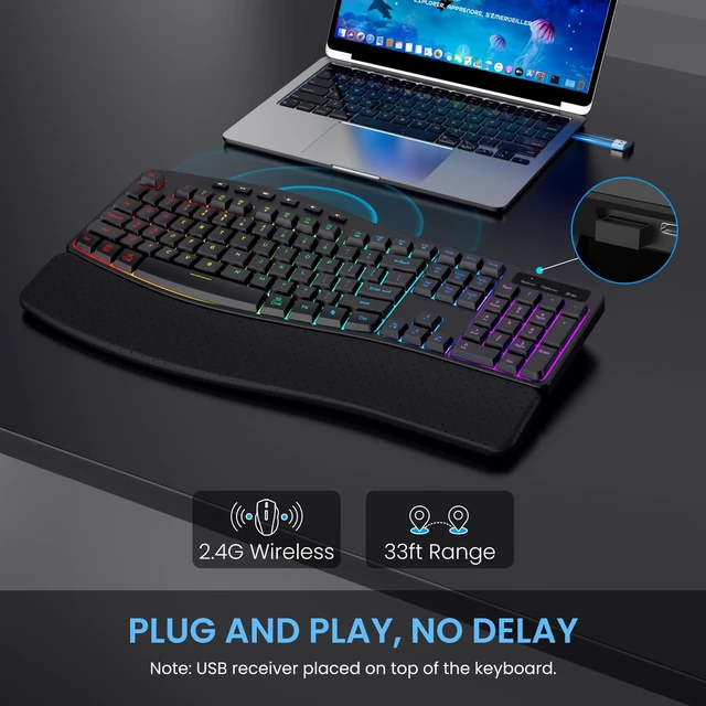 Alt view image 7 of 7 - COLIKES Wireless Ergonomic Keyboard, Backlit Keyboard Silent with 15 RGB Lighting Effects, Leather Wrist Rest, 2500mAh Rechargeable, Multimedia Keys, Wave Keyboard for PC Computer Laptop Windows Mac