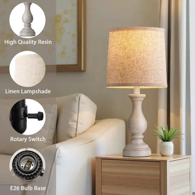Alt view image 3 of 7 - 22" Farmhouse Table Lamps Set of 2, Rustic Bedside Lamps for Bedroom | Lamps for Living Room, Night Stands, End Table, Office, Desk, Clearance, Boho Decor, Linen Shades