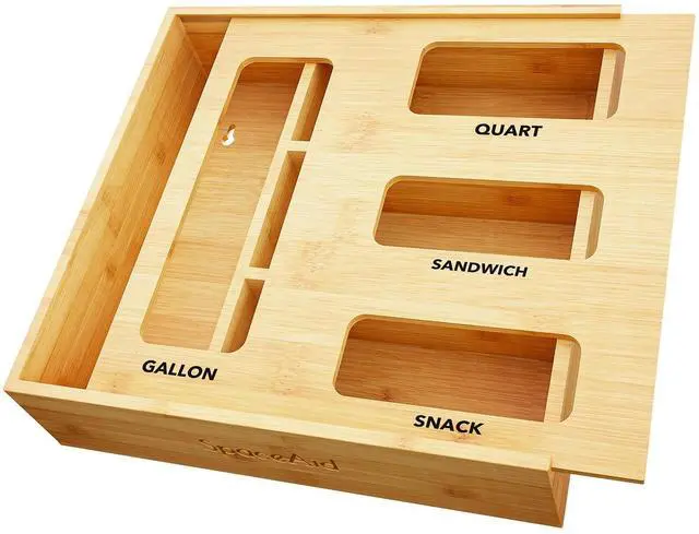 Main image of Bag Storage Organizer for Kitchen Drawer, Bamboo Organizer, Compatible with Gallon, Quart, Sandwich and Snack Variety Size Bag (1 Box 4 Slots)