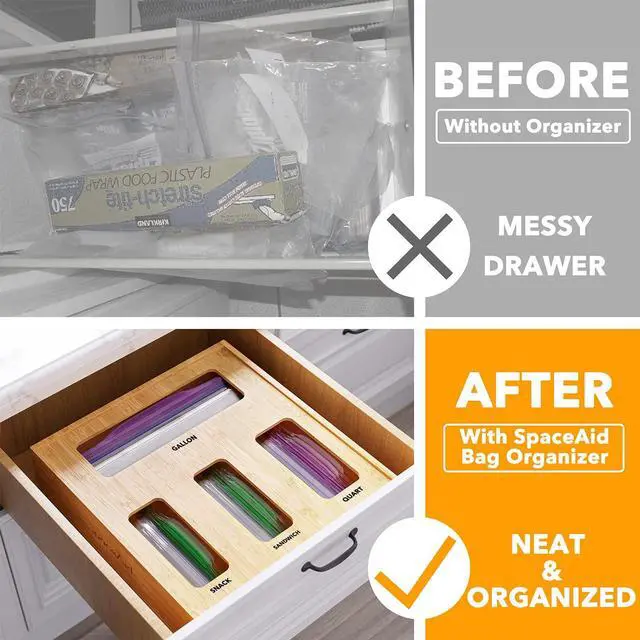 Alt view image 2 of 6 - Bag Storage Organizer for Kitchen Drawer, Bamboo Organizer, Compatible with Gallon, Quart, Sandwich and Snack Variety Size Bag (1 Box 4 Slots)