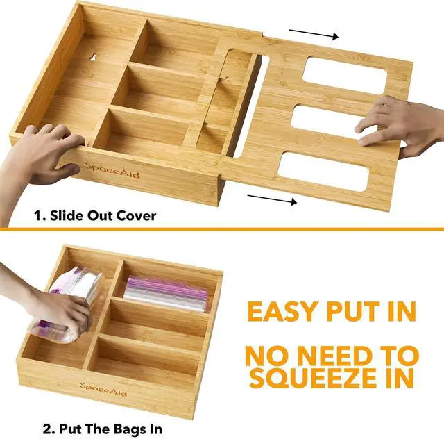 Alt view image 4 of 6 - Bag Storage Organizer for Kitchen Drawer, Bamboo Organizer, Compatible with Gallon, Quart, Sandwich and Snack Variety Size Bag (1 Box 4 Slots)