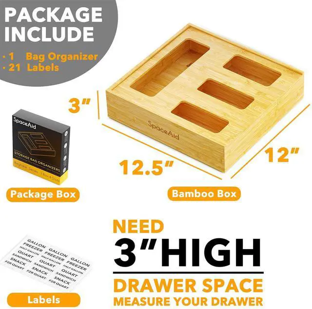 Alt view image 5 of 6 - Bag Storage Organizer for Kitchen Drawer, Bamboo Organizer, Compatible with Gallon, Quart, Sandwich and Snack Variety Size Bag (1 Box 4 Slots)