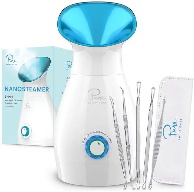 Main image of NanoSteamer Large 3-in-1 Nano Ionic Facial Steamer with Precise Temp Control - Humidifier - Unclogs Pores - Blackheads - Spa Quality - Bonus 5 Piece Stainless Steel Skin Kit (Teal)