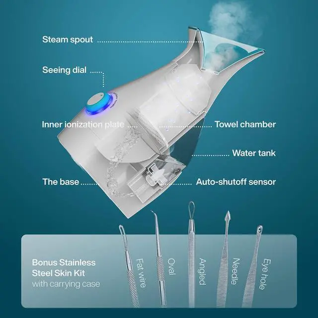 Alt view image 2 of 7 - NanoSteamer Large 3-in-1 Nano Ionic Facial Steamer with Precise Temp Control - Humidifier - Unclogs Pores - Blackheads - Spa Quality - Bonus 5 Piece Stainless Steel Skin Kit (Teal)