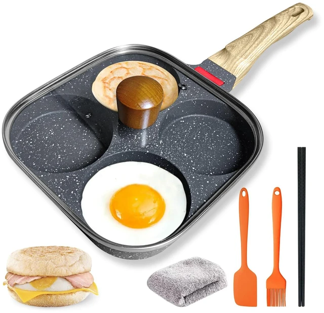 Main image of 4Cup Nonstick Egg Pan Set with Lid, Includes Silicone Scraper, Oil Brush, Chopsticks & Cleaning Cloth Compatible with Gas & Induction Cooktops (Black)