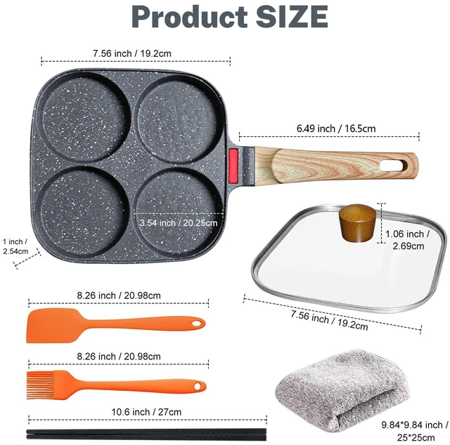 Alt view image 2 of 7 - 4Cup Nonstick Egg Pan Set with Lid, Includes Silicone Scraper, Oil Brush, Chopsticks & Cleaning Cloth Compatible with Gas & Induction Cooktops (Black)