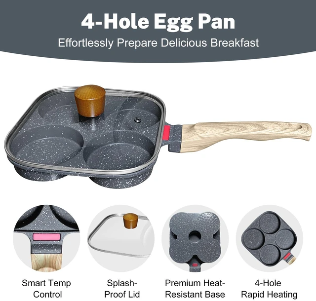 Alt view image 3 of 7 - 4Cup Nonstick Egg Pan Set with Lid, Includes Silicone Scraper, Oil Brush, Chopsticks & Cleaning Cloth Compatible with Gas & Induction Cooktops (Black)