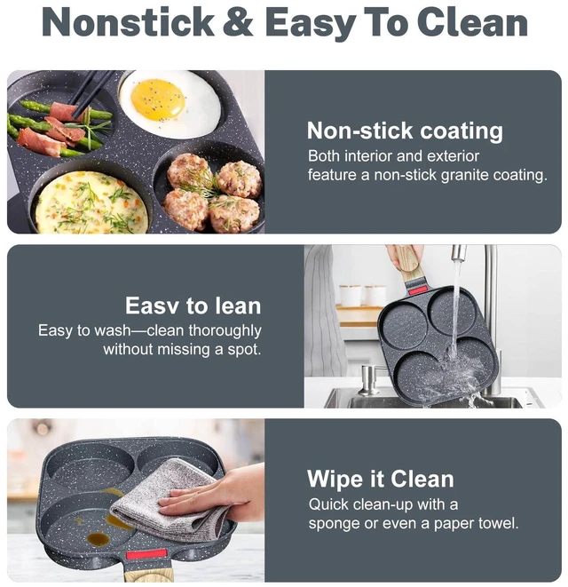 Alt view image 5 of 7 - 4Cup Nonstick Egg Pan Set with Lid, Includes Silicone Scraper, Oil Brush, Chopsticks & Cleaning Cloth Compatible with Gas & Induction Cooktops (Black)
