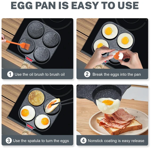 Alt view image 6 of 7 - 4Cup Nonstick Egg Pan Set with Lid, Includes Silicone Scraper, Oil Brush, Chopsticks & Cleaning Cloth Compatible with Gas & Induction Cooktops (Black)