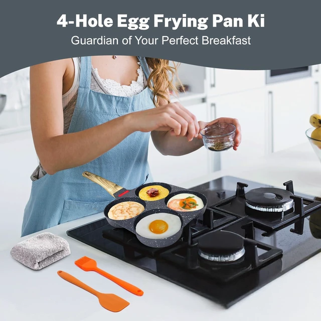 Alt view image 7 of 7 - 4Cup Nonstick Egg Pan Set with Lid, Includes Silicone Scraper, Oil Brush, Chopsticks & Cleaning Cloth Compatible with Gas & Induction Cooktops (Black)