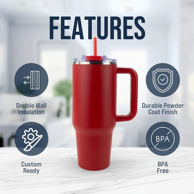 Alt view image 6 of 7 - Big Swig 40oz Tumbler with Handle and Straw - Red, 40 oz Tumbler, Insulated Cup with Handle, 40oz Water Bottle with Straw, Thermal Cups, Leak Proof Lid, Travel Mugs, Stainless Steel