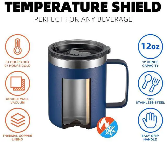 Alt view image 4 of 7 - 12oz Stainless Steel Insulated Coffee Mug with Handle, Double Wall Vacuum Travel Mug, Tumbler Cup with Sliding Lid, Navy