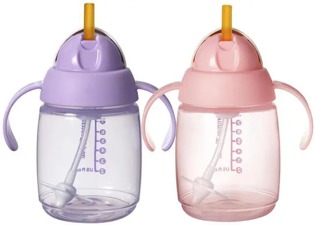 Main image of Starter Weighted Straw Baby & Toddler 8oz Sippy Cup for 6 Months+, with Silicone Weighted Straw and Easy-Hold Handles, BPA Free, Pink & Purple, Pack of 2