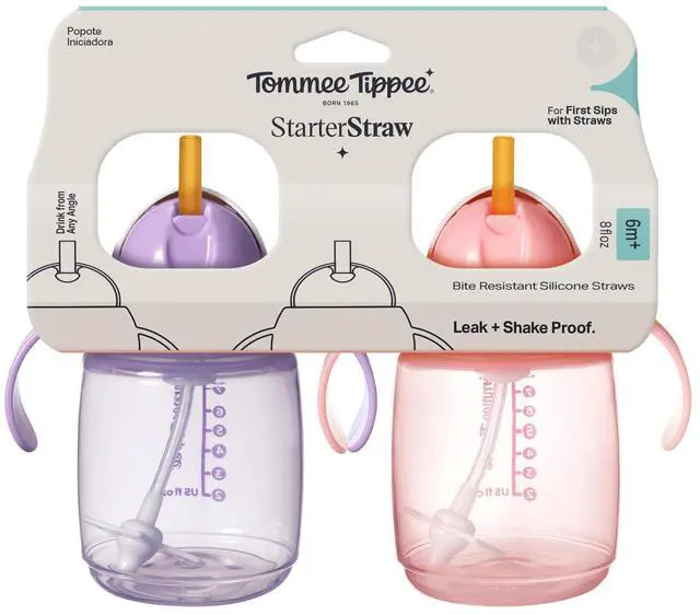 Alt view image 6 of 6 - Starter Weighted Straw Baby & Toddler 8oz Sippy Cup for 6 Months+, with Silicone Weighted Straw and Easy-Hold Handles, BPA Free, Pink & Purple, Pack of 2