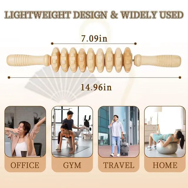 Alt view image 2 of 6 - Manual Wooden Fascia Massage Roller Trigger Points for Release Cellulite Sore Muscle Blasting (Straight-9-Wheel)