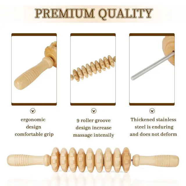 Alt view image 6 of 6 - Manual Wooden Fascia Massage Roller Trigger Points for Release Cellulite Sore Muscle Blasting (Straight-9-Wheel)