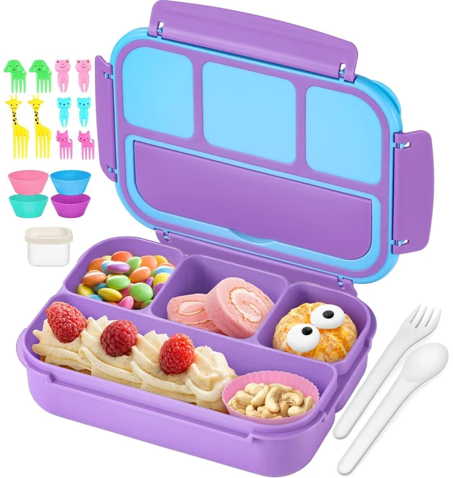 Main image of Bento Lunch Box for Kids Girls Boys, Toddler Kids Lunch Boxes for School, Lunch Containers for Adults with 4 Compartments, Sauce Container, Utensils, Food Picks and Muffin Cups, Purple