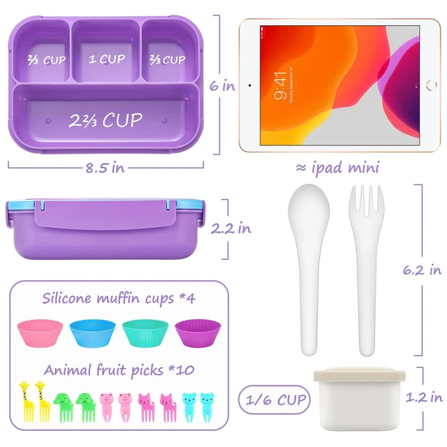 Alt view image 2 of 7 - Bento Lunch Box for Kids Girls Boys, Toddler Kids Lunch Boxes for School, Lunch Containers for Adults with 4 Compartments, Sauce Container, Utensils, Food Picks and Muffin Cups, Purple