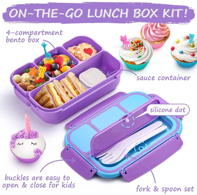 Alt view image 3 of 7 - Bento Lunch Box for Kids Girls Boys, Toddler Kids Lunch Boxes for School, Lunch Containers for Adults with 4 Compartments, Sauce Container, Utensils, Food Picks and Muffin Cups, Purple