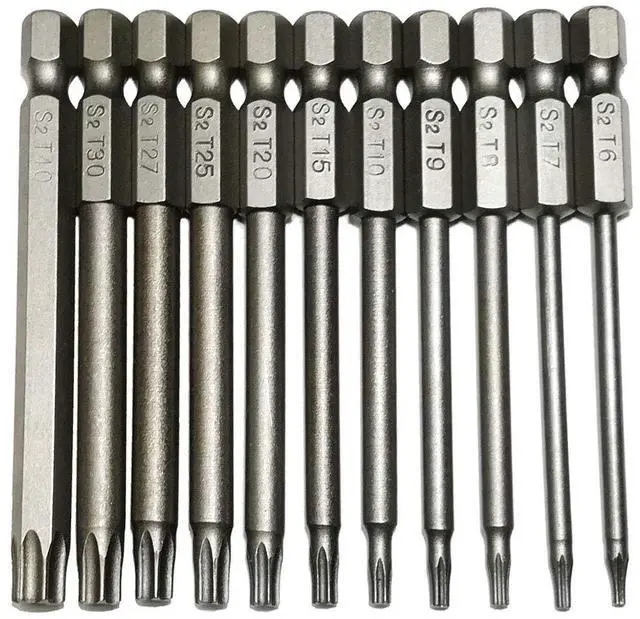 Main image of Security Torx Bit 11 Pieces 1/4 Inch Hex Shank T6 T7 T8 T9 T10 T15 T20 T25 T27 T30 T40 3 Inch Length S2 Steel Torx Head Screwdriver Drill Set (11pcs 75mm Torx Head)