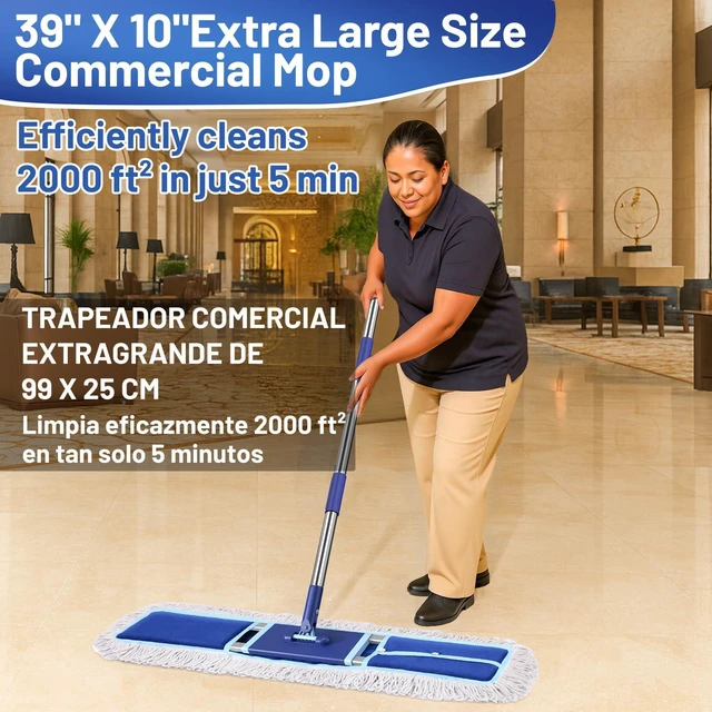 Alt view image 3 of 7 - 36" Commercial Dust Mop: Dust Broom for Hardwood Floors Cleaning 2 Pcs Cotton Mop Pads, 59" Long Handle, Heavy Duty Frame, Industrial Professional Cleaning Supplies, Blue
